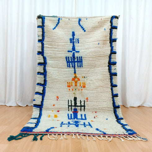 White and Blue Handmade Moroccan Berber Rug - Vintage Boho